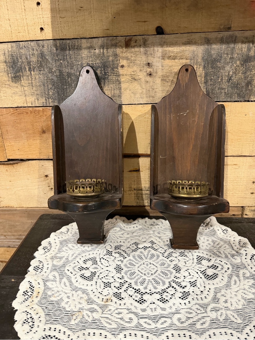 Pair of Vintage Wooden Wall Sconces with Brass Candle Holders - Dark Brown